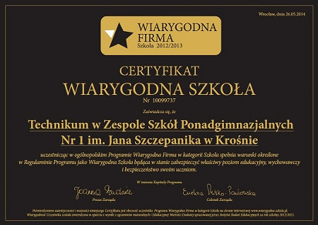Technikum Nr 1 im. Jana Szczepanika w Krośnie otrzymało certyfikat: „Wiarygodna Szkoła”. - zdjęcie w treści