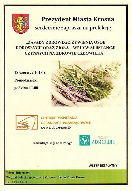 Zapraszamy na prelekcję pt. Zasady zdrowego żywienia osób dorosłych oraz zioła - zdjęcie w treści 