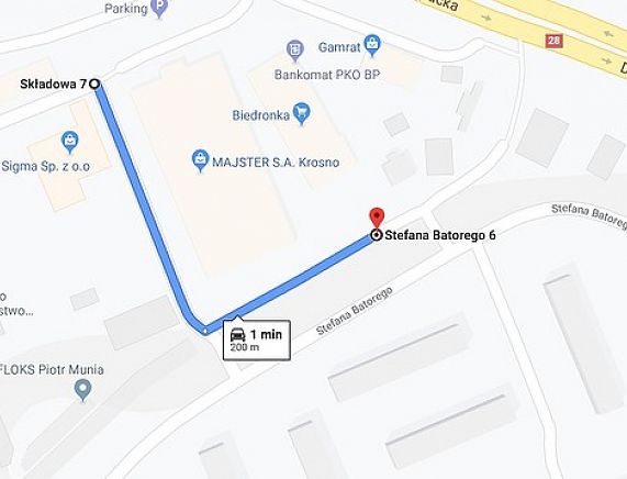 Mapa Krosna - zaznaczony zamknięty odcinek łacznik ul. Składowej do Batorego - źródło: GoogleMaps