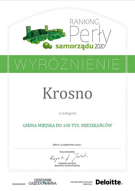 Krosno wyróżnione w Rankingu Perły Samorządu 2020 - zdjęcie w treści