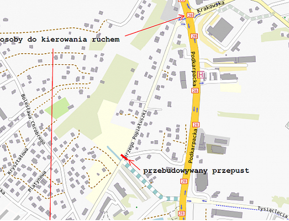 Grafika - fragment mapy Krosna ulica Popiełuszki, źródło: mapa.szukacz.pl