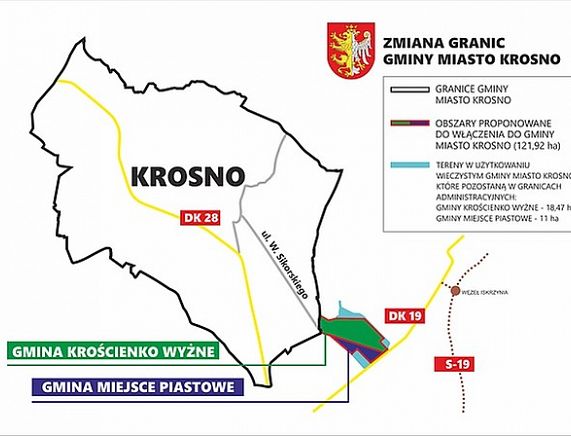 Mapka poglądowa - zmian granic Krosna