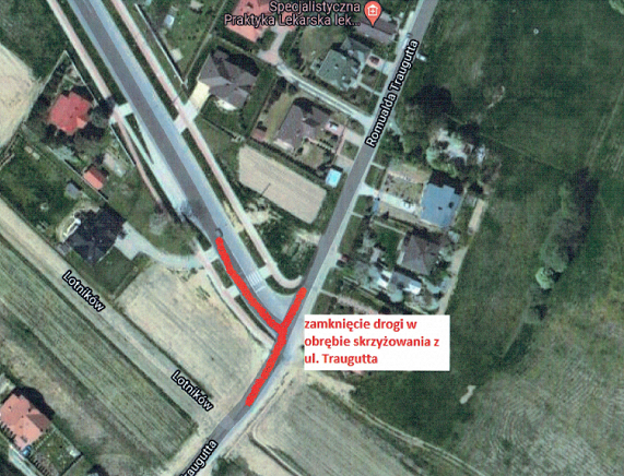 Fragment mapy satelitarnej Krosna z zaznacvzonym odcinkiem przeznaczonym do zamknięcia ul. Traugutta