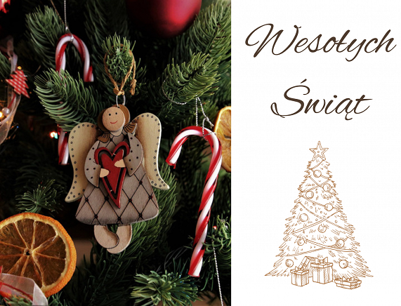 Kartka z życzeniami Wesołych Świąt, po lewej zdjęcie zawieszonego na choince drewnianego anioła, po prawej ręcznie naszkicowana choinka