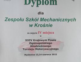 Dyplom dla szkoły za zajęcie IV miejsca w turnieju