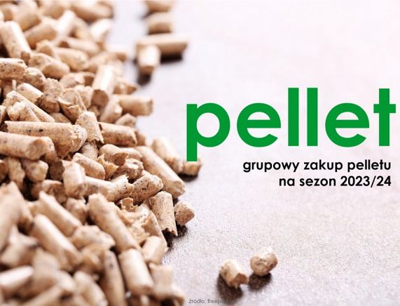 granulki pelletu zrozsypane na białym tle; plakat - grafika dotycząca grupowego zakupu pelletu