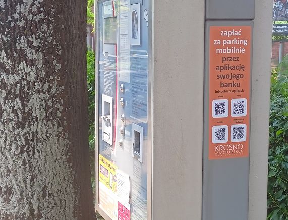 parkomat w krośnie przy liceum kopernika obok zmurszałego drewna