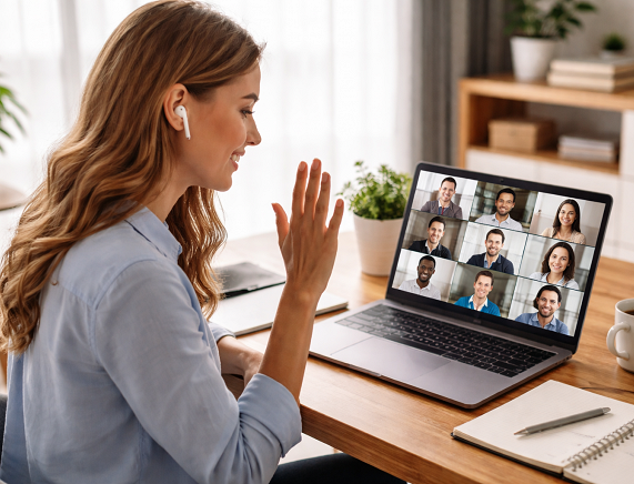 Kobieta przed laptopem podczas spotkania online, obraz wygenerowany przez SI